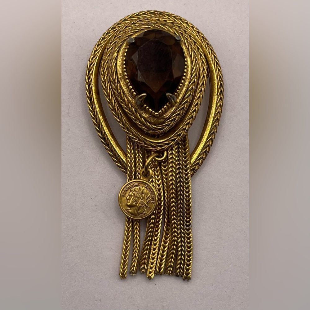 Vintage Signed Florenza Gold Tone Etruscan Revival Brooch Pin Topaz Crystal - Picture 9 of 11